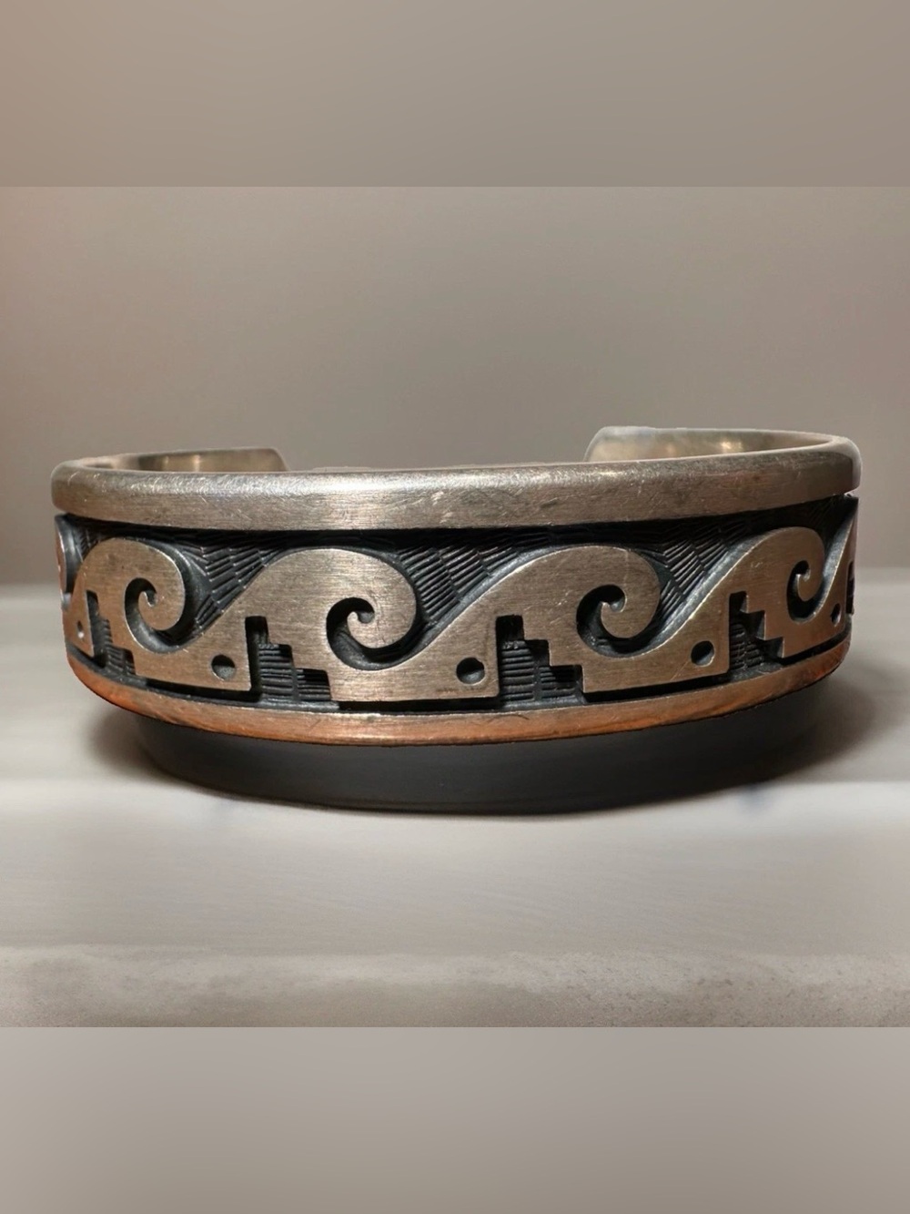 HOPI Sterling Silver 1/2” Thick Heavy Cuff Bracelet With Water Design 50g